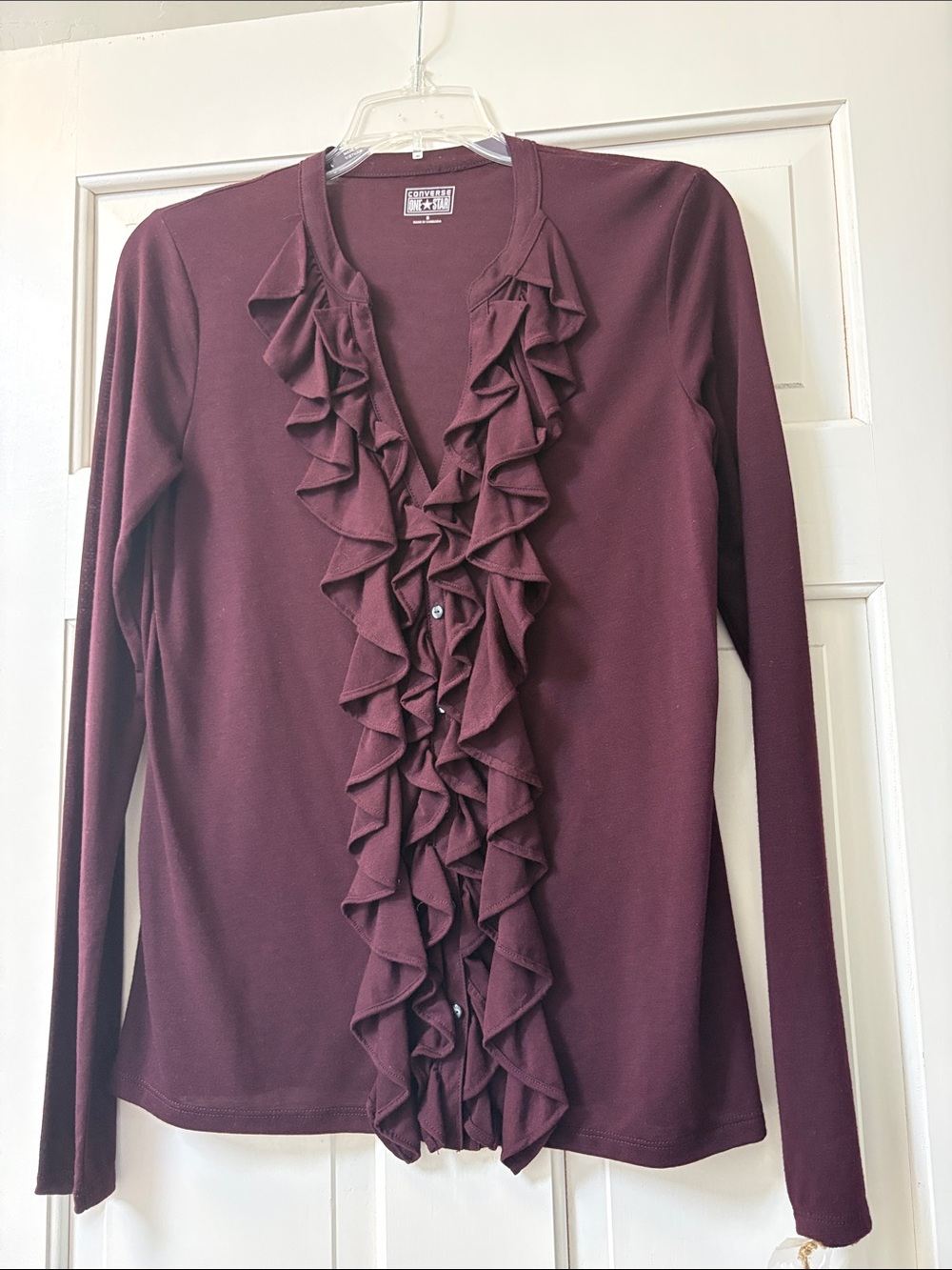 Converse Women's Burgundy Ruffle-Front Button Down Shirt